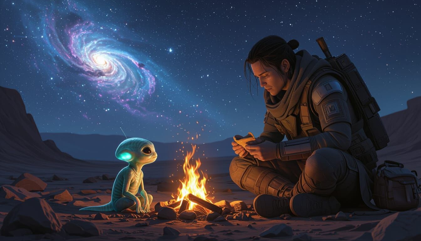 Compassionate Traveler Aids Injured Alien Under Alien Sky