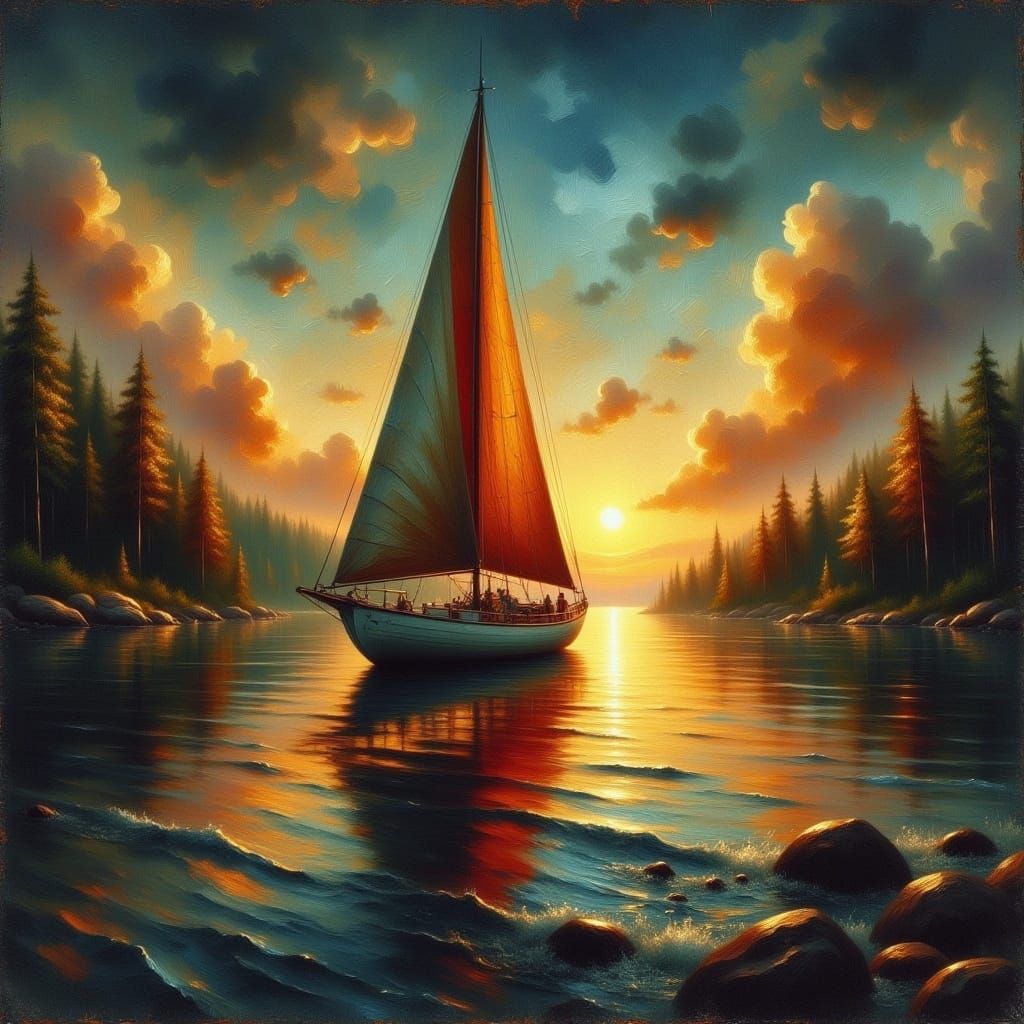 Sailboat on Dark Moor in Gritty Watercolor Style