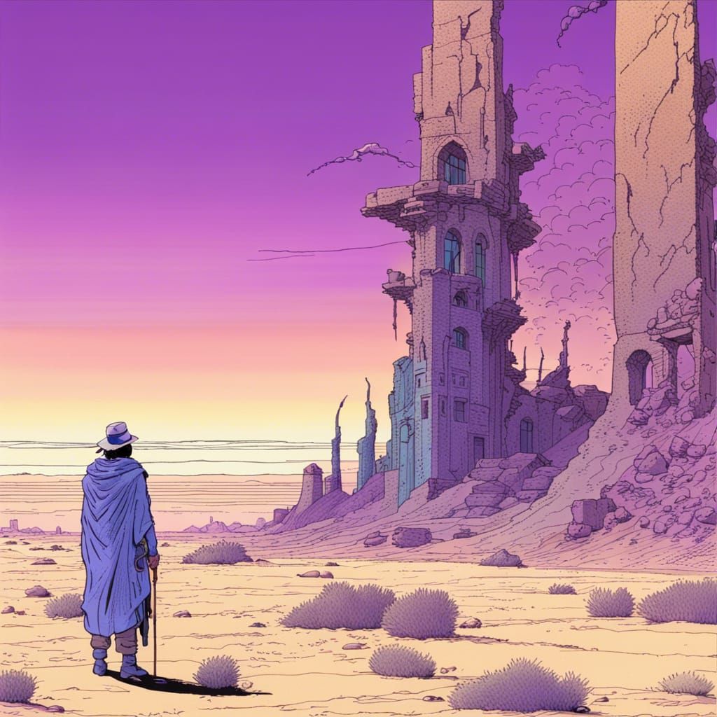 Shaman in Desert Ruins: Moebius-Style Illustration