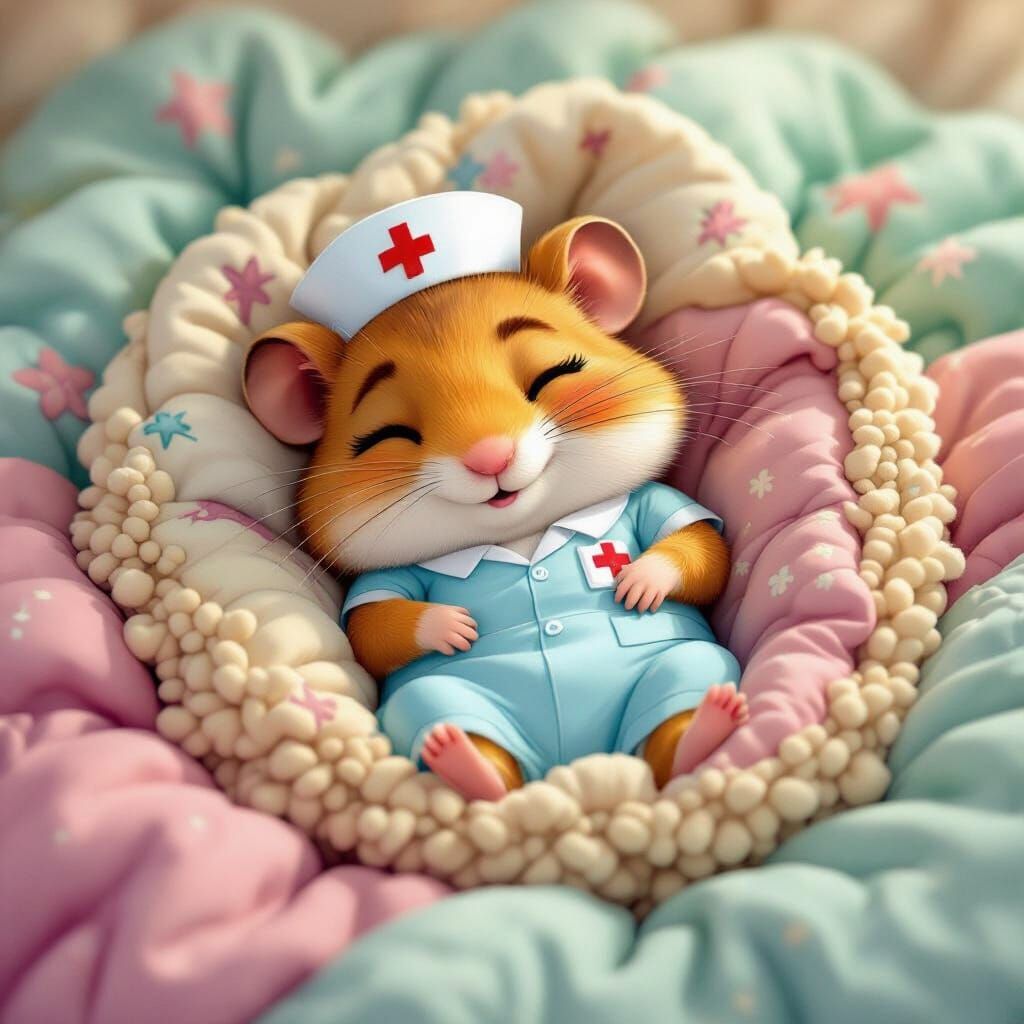 Hamster Nurse Sleeping in Cozy Nest, 3D Cartoon Style