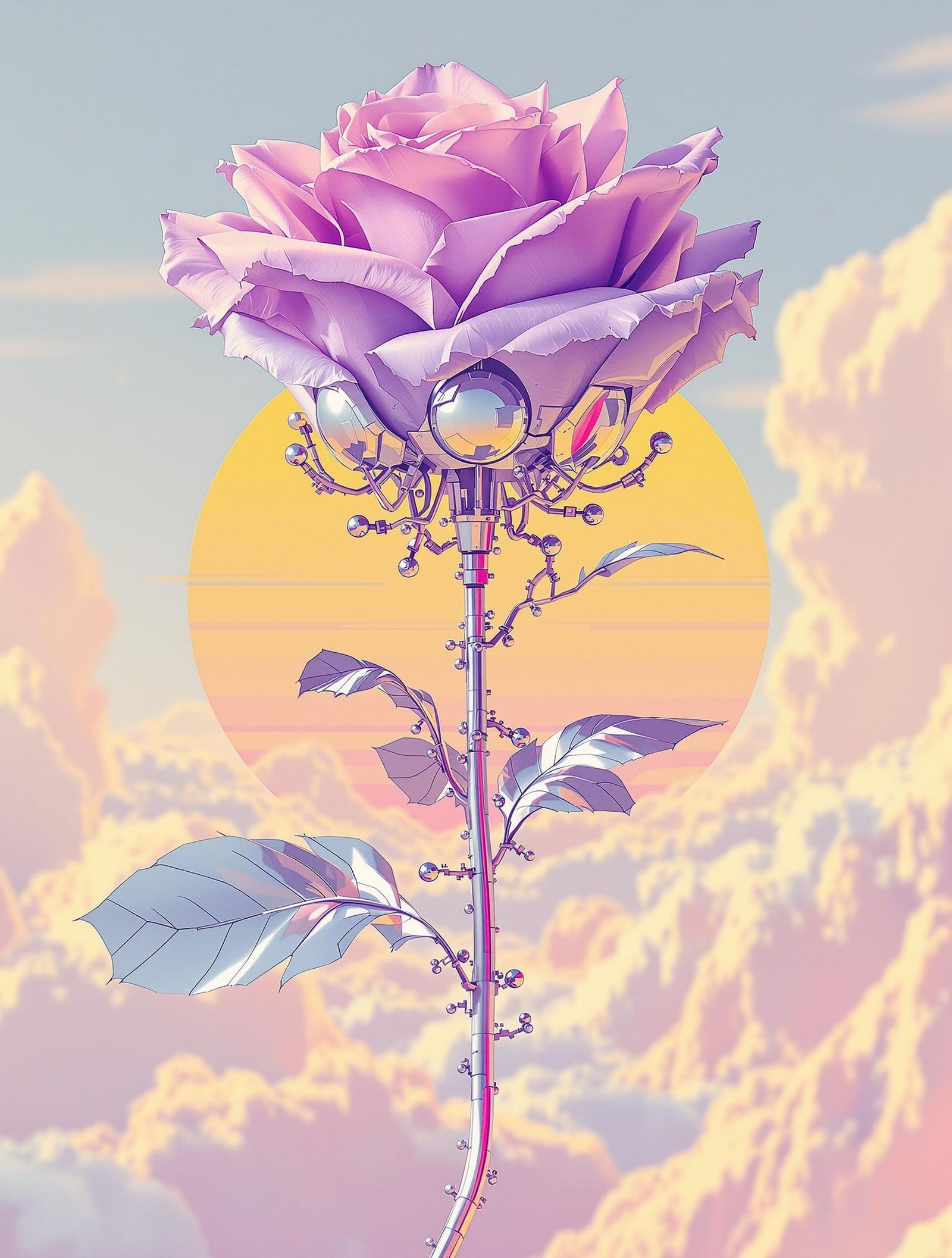 Surreal Chrome Rose Blossoms Amidst Retro-Futuristic Hues