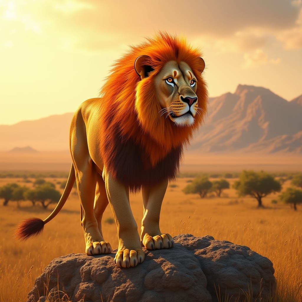 Regal Lion in a Sun-Kissed Savanna Landscape