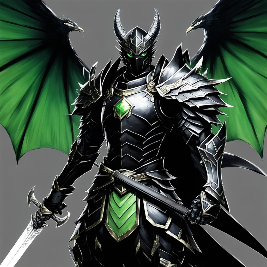 Black Dragon Armored Warrior with Jade Sword in Anime Style