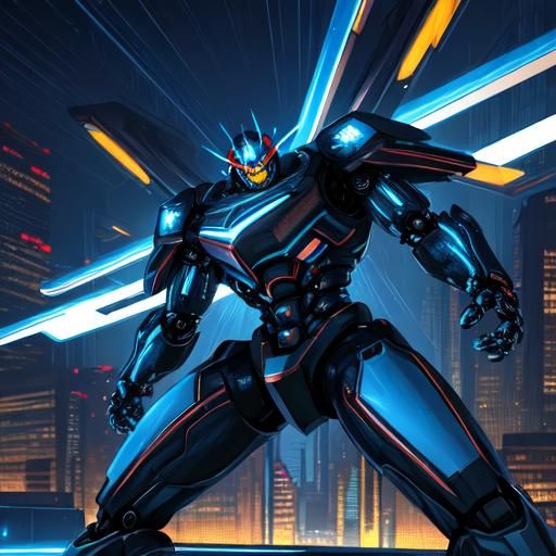 Massive Robot in Futuristic Cityscape: Comic Book Art
