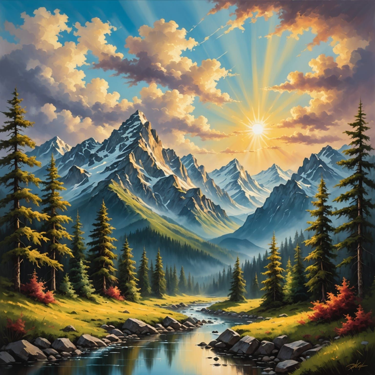 Mountain Landscape in Bob Ross Oil Painting Style