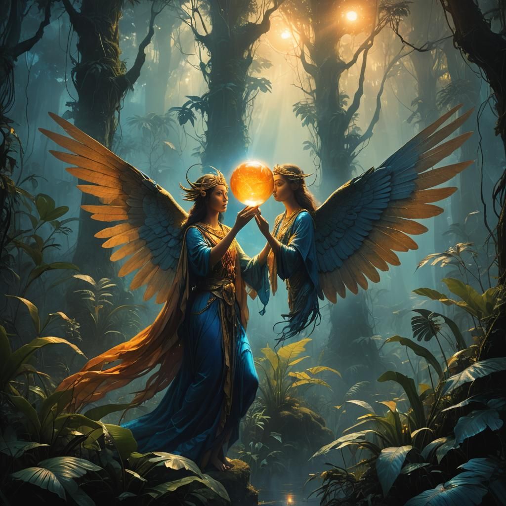 Winged Goddess with Orb in Lush Jungle Setting
