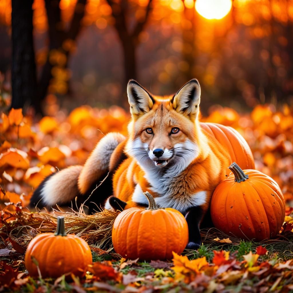 Fox Relaxing by Pumpkin in Autumn Sunset