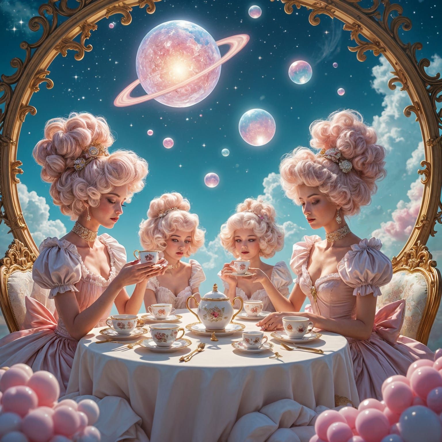 Rococo Tea Party in Space with Cotton Candy Hair Girls