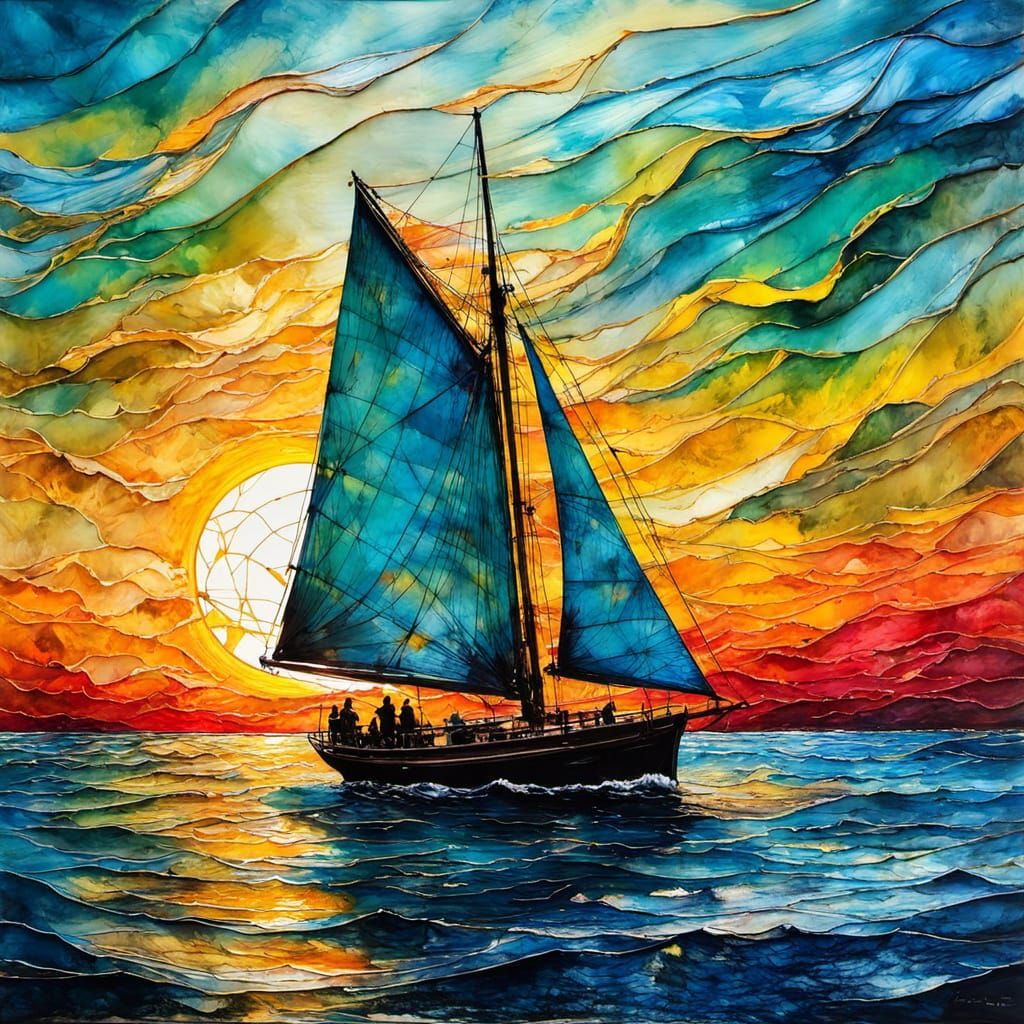 Encaustic Sailboat Amidst Golden Sunset Chaos