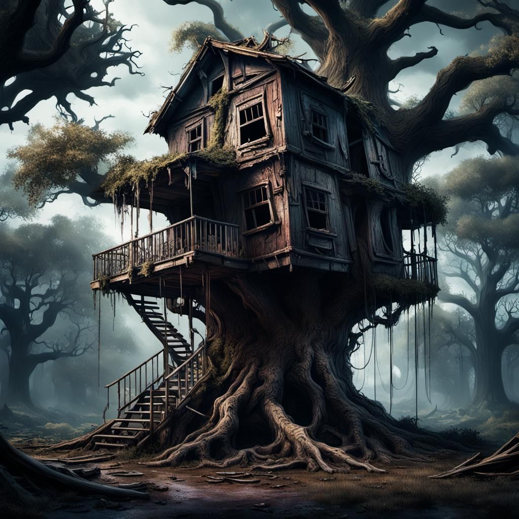 Dystopian Oak Tree House in Photorealistic Style