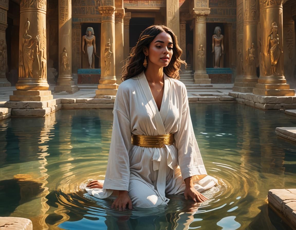 Egyptian Woman Bathing in a Sunlit Temple Pool, in Vibrant O...