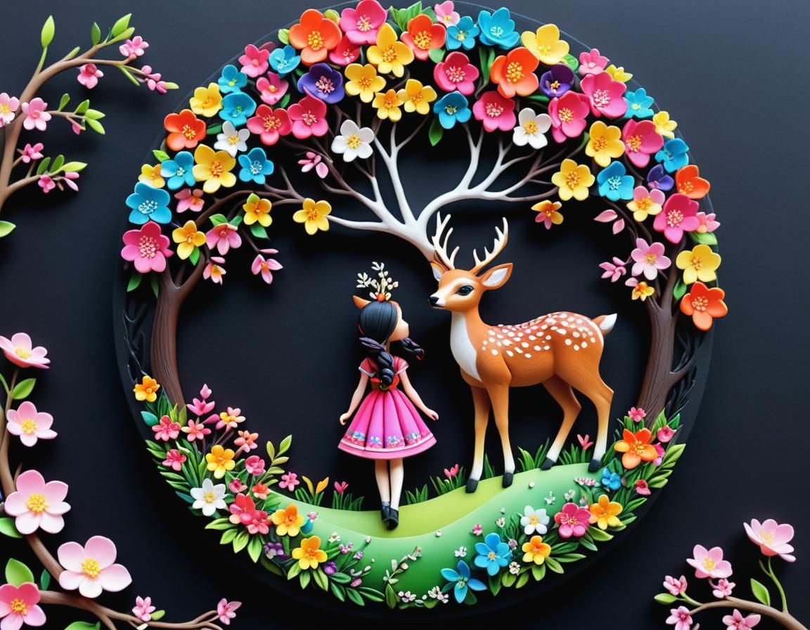 Polymer Clay Scenery with Tree, Deer and Girl