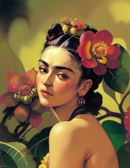 Frida Kahlo girl in the jungle with passion fruit flowers