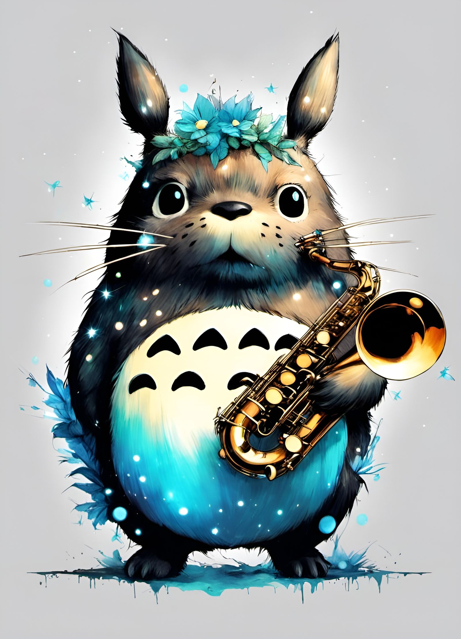 Chibi Totoro Plays Saxophone with Fairy Lights