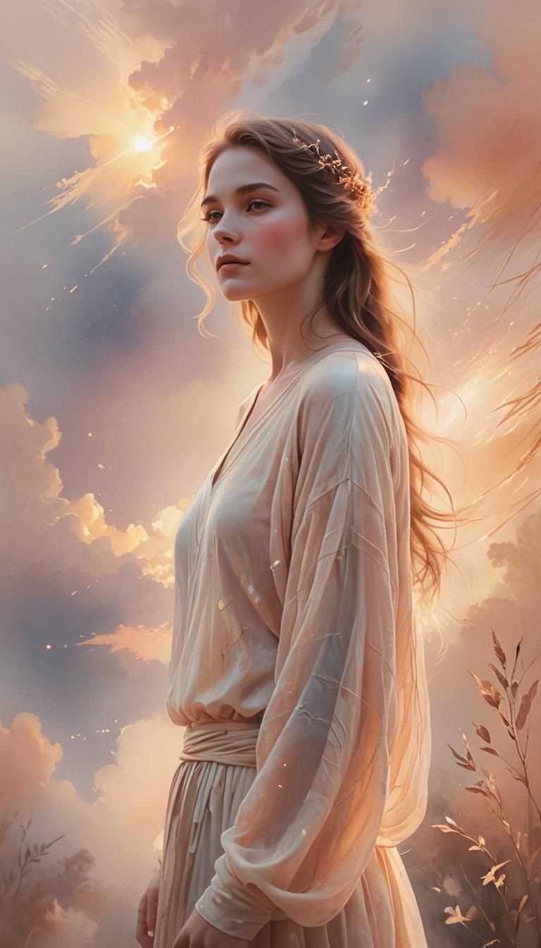 Ethereal Woman in Golden Light: Digital Art