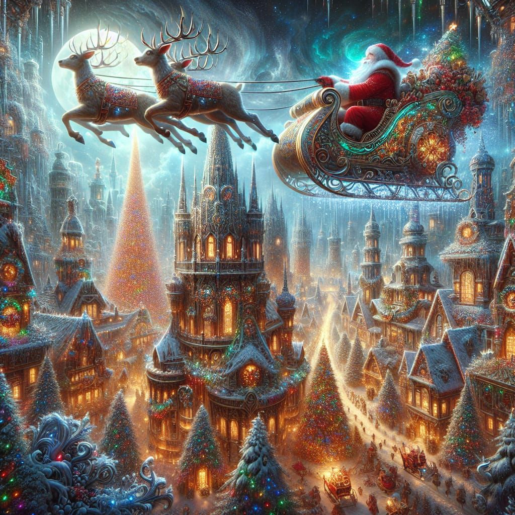 Festive Santa Sleigh Flies Over Christmas Town in 8K