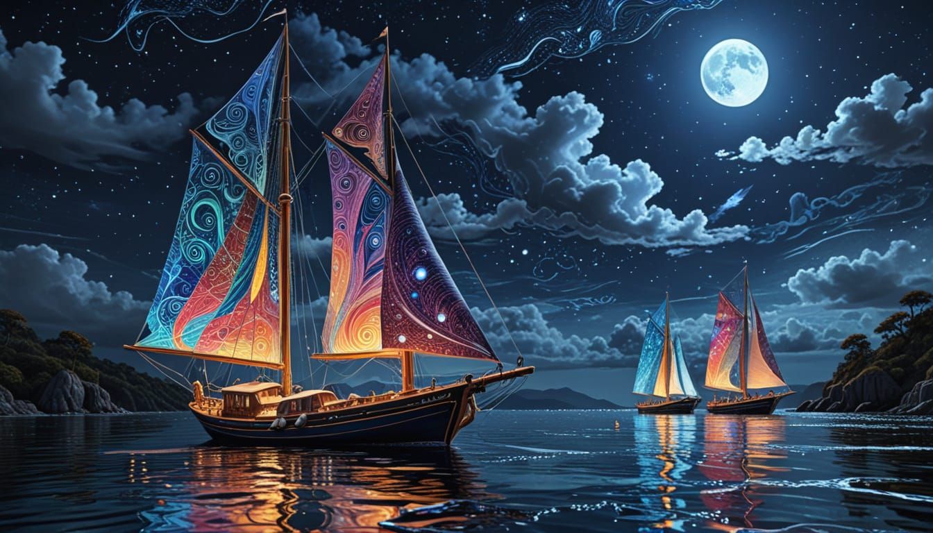 Biomorphic Sailboats in Fantasy Night Sky