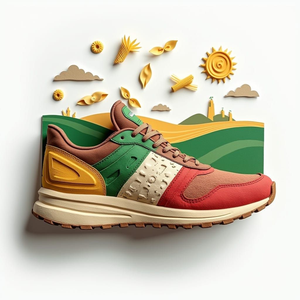 Realistic Cardboard and Paper Italian Running Shoe with Swir...