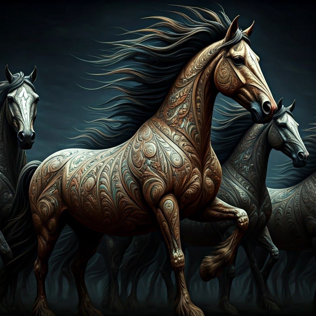 Majestic Horses with Fractal Patterns in Abstract Style