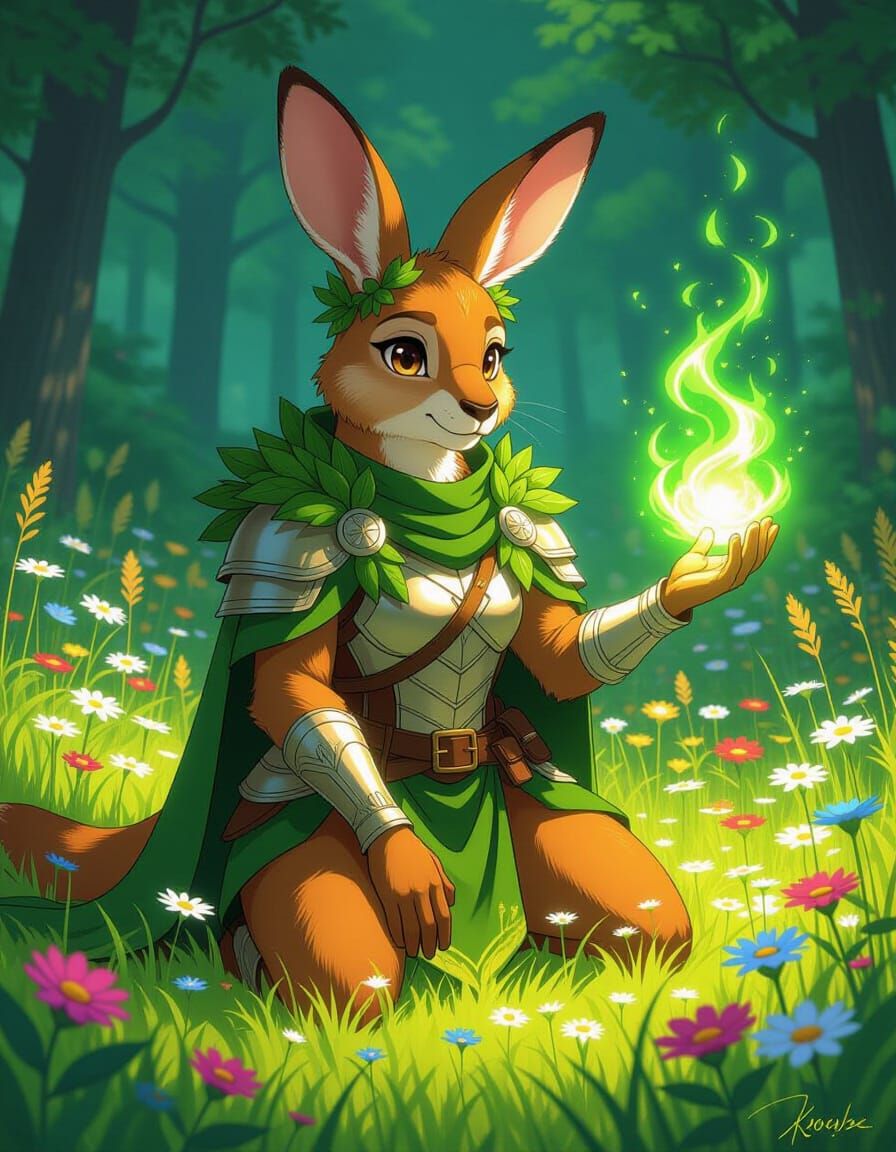 Kangaroo Druid Harmonizing with Nature in Anime Style