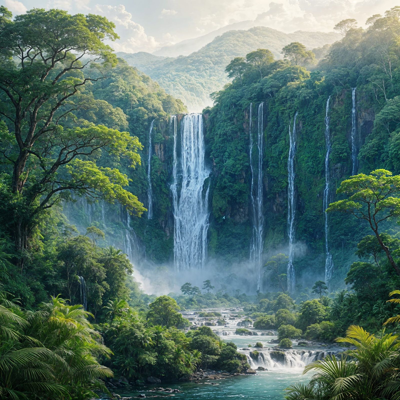 Lush Rainforest Landscape with Waterfalls and Wildlife