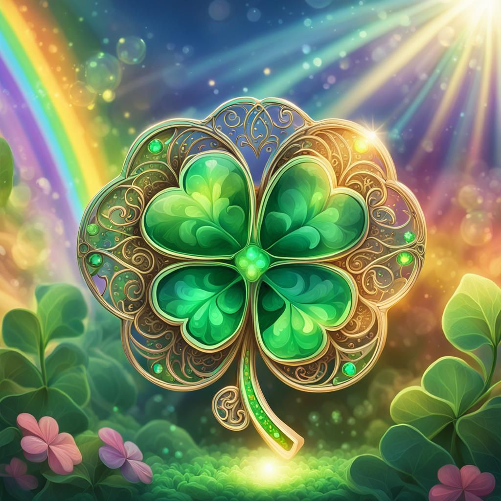 vibrant whimsically stylized emerald-four leaf clover, glowi...