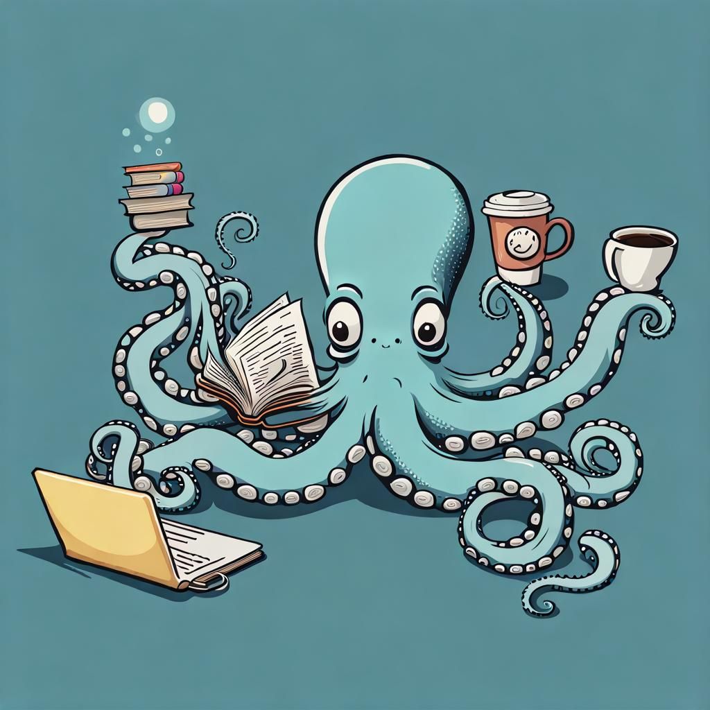 Humorous Octopus Juggling Modern Tech, Hyperrealistic Detail