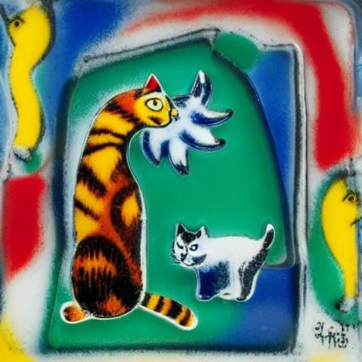Whimsical Cat Figurines in Abstract Expressionist Style