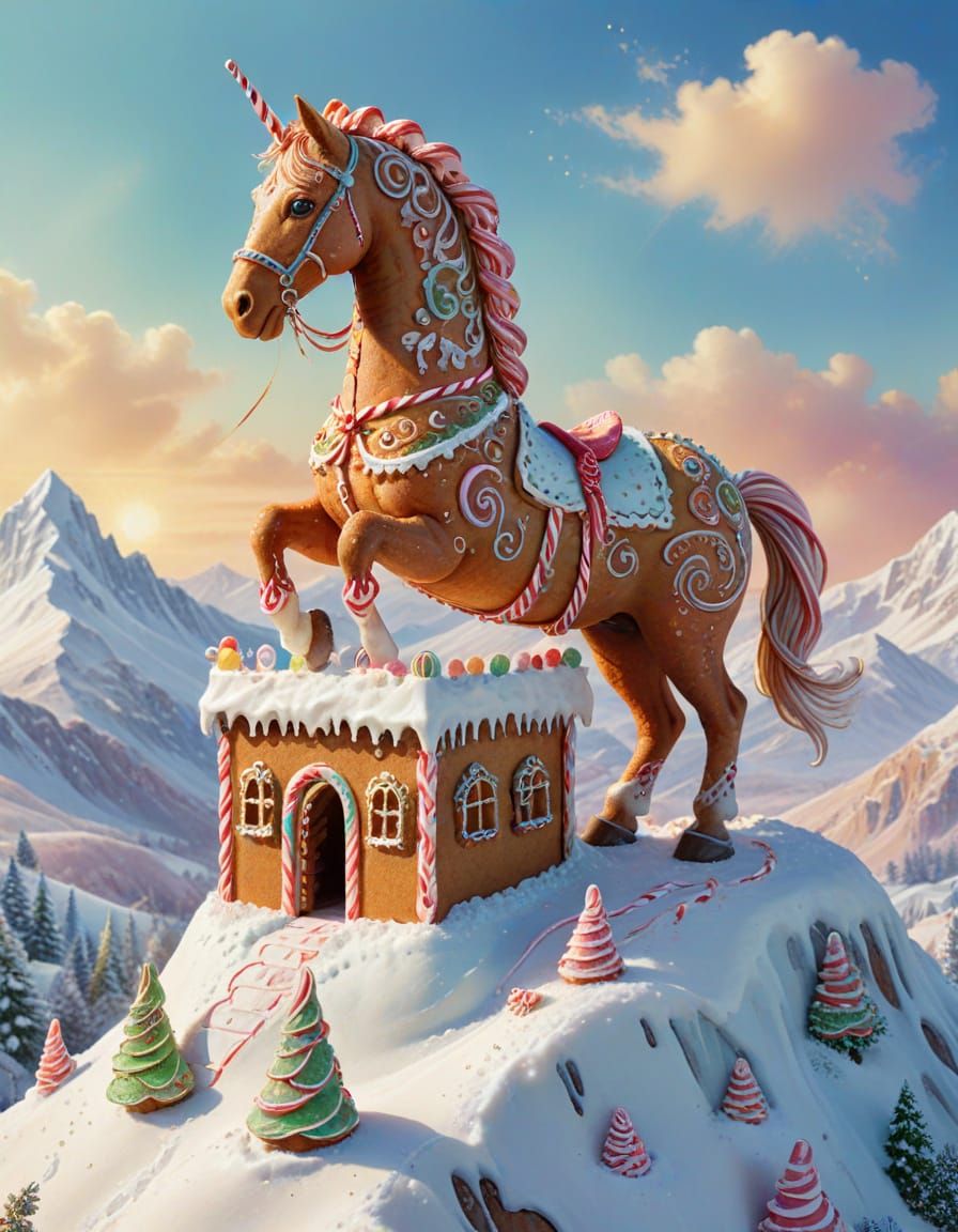Gingerbread Horse Guards Candy Fortress in Watercolor Style