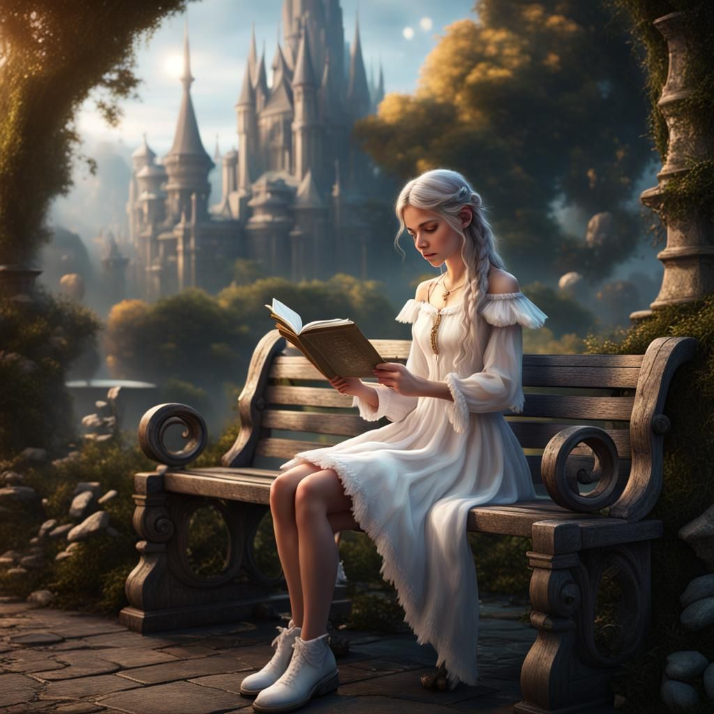 Fantasy Fairy Reading on Bench: Detailed Matte Painting