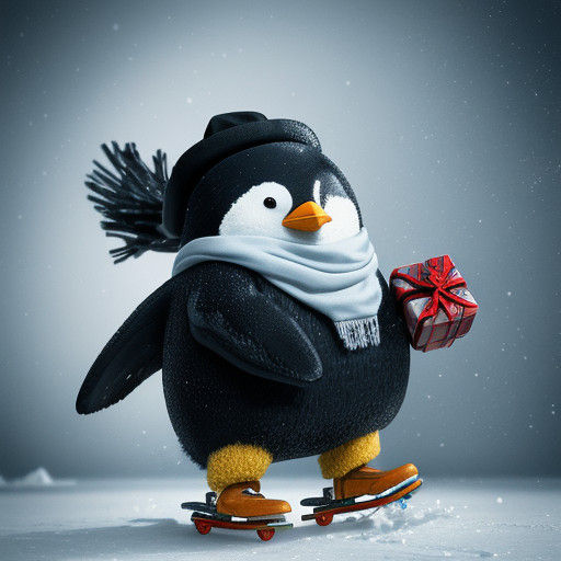 Penguin on Ice in Whimsical Christmas Scene