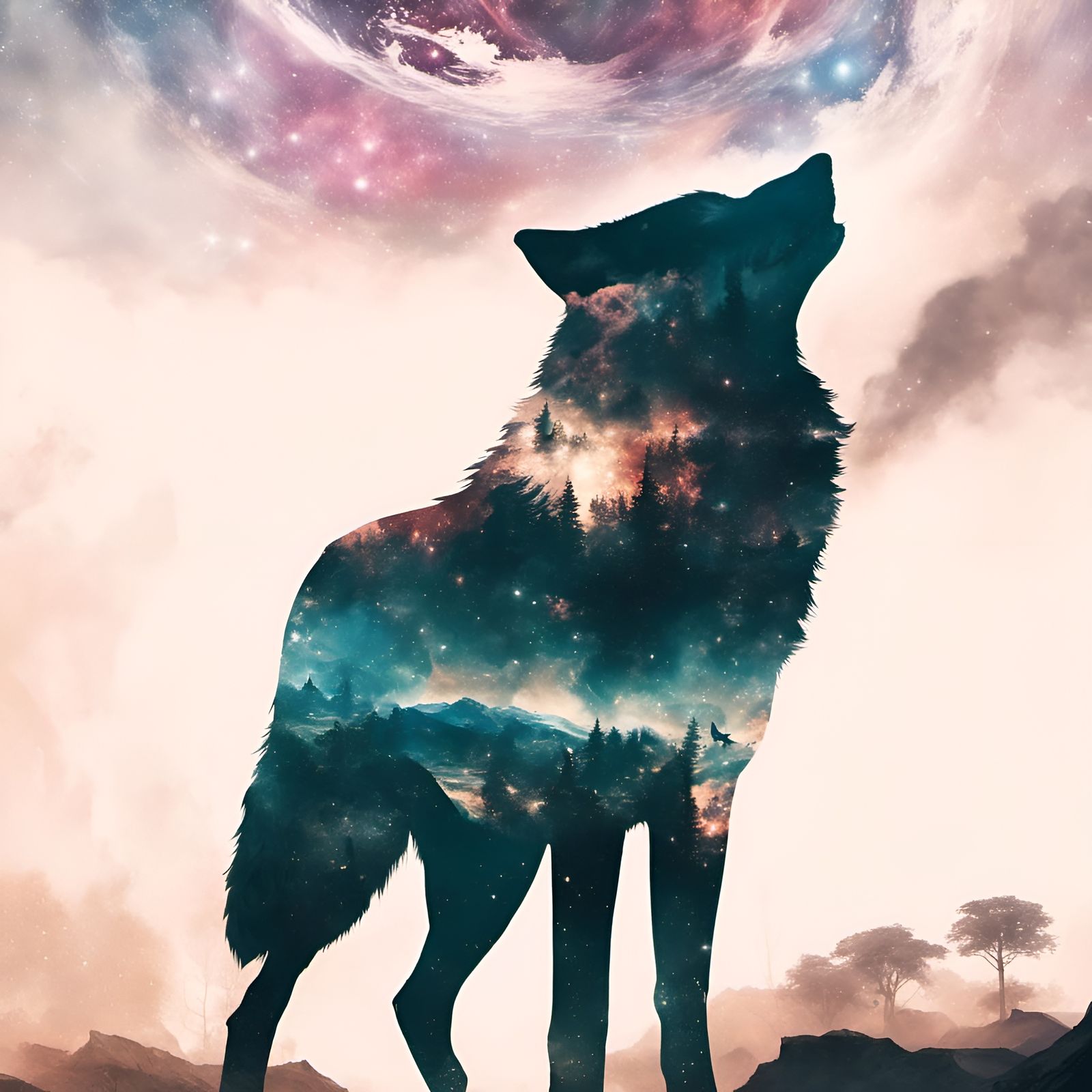 Space Wolf Silhouette Double Exposure Art