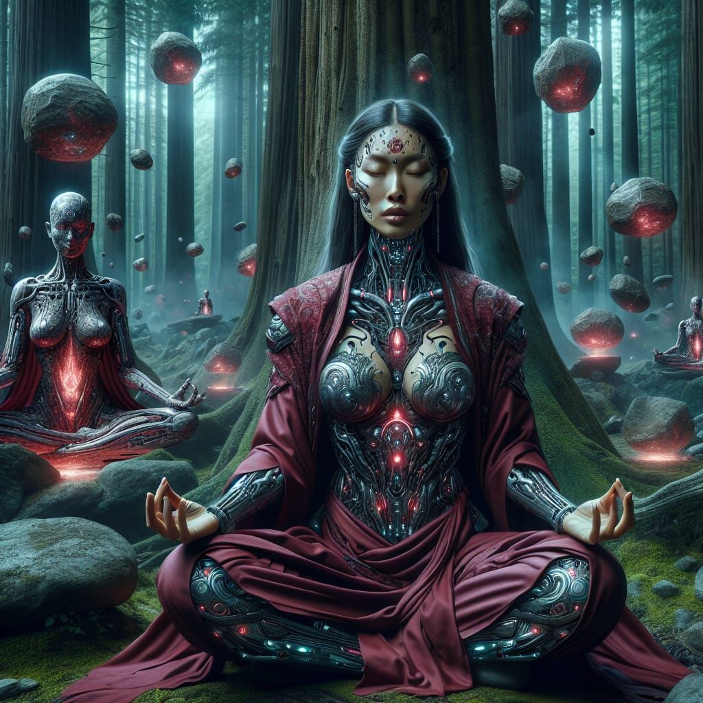 A female monk fighter meditating in the middle of a dead forest, radiating a mystical and futuristic positive red aura. ...