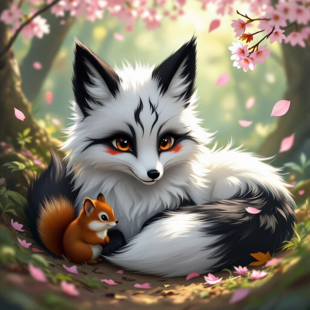 Adorable Kitsune Fox with Chipmunk in Enchanted Forest