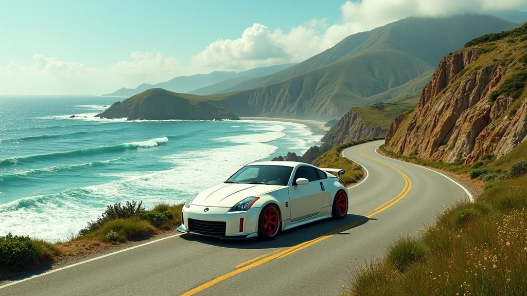 Pearl White 350Z on Coastal Road in Fantasy Style