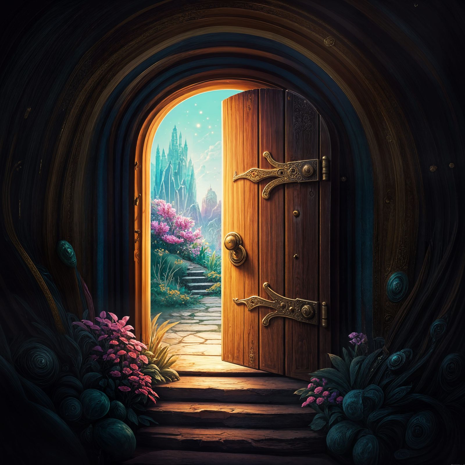 Whimsical Wonderland Through a Gilded Door