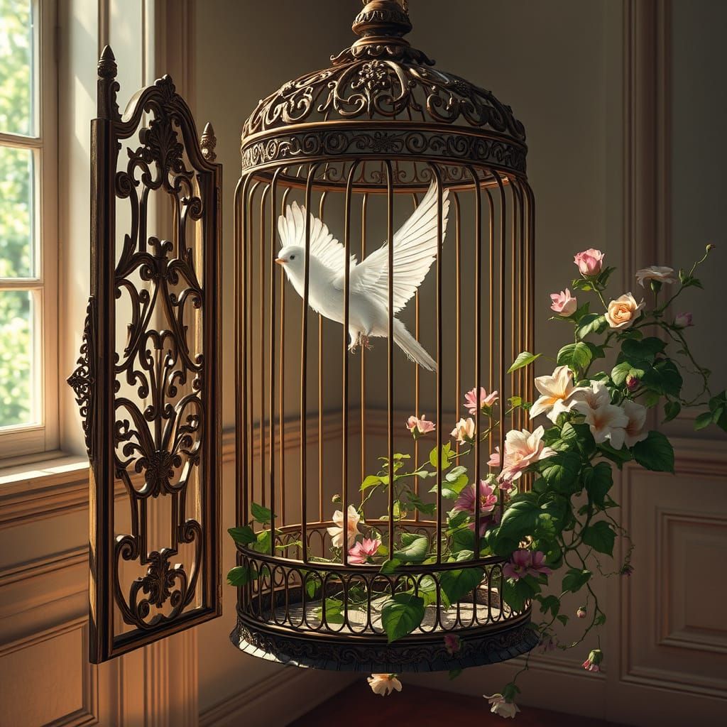Ethereal Feathers Emerge From Open Birdcage