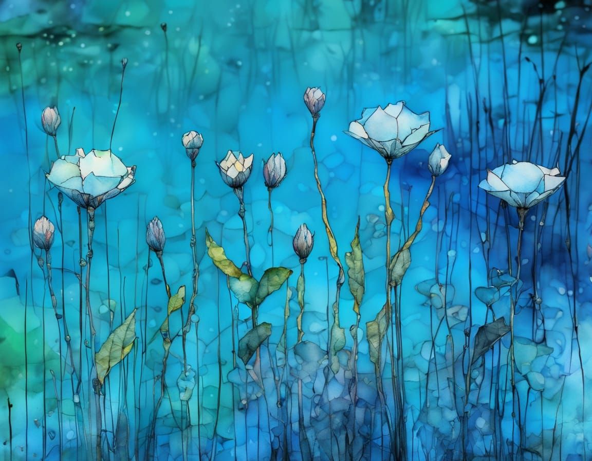 Vibrant Blue Marsh Scene in Mixed Media Style