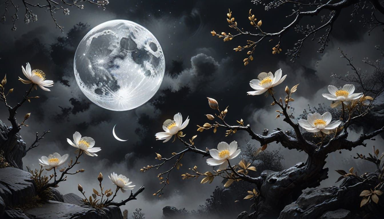 Full Moon Amidst Ink Wash Blossoms in Chinese Style