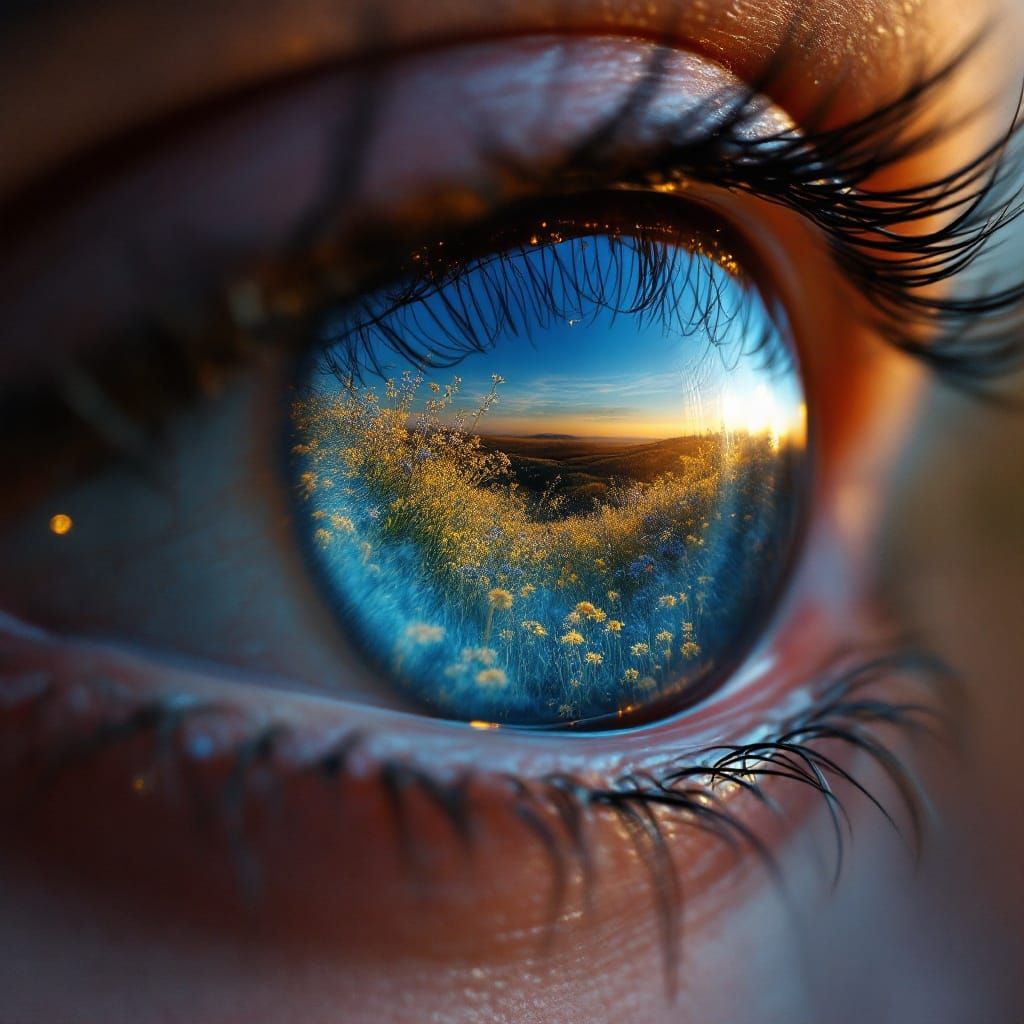 Realistic Human Eye Reflecting Vibrant Wildflowers in Fantas...
