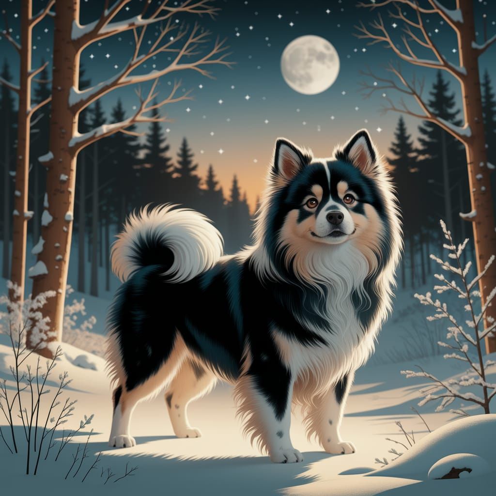 Dog in Snowy Forest Under Starry Night