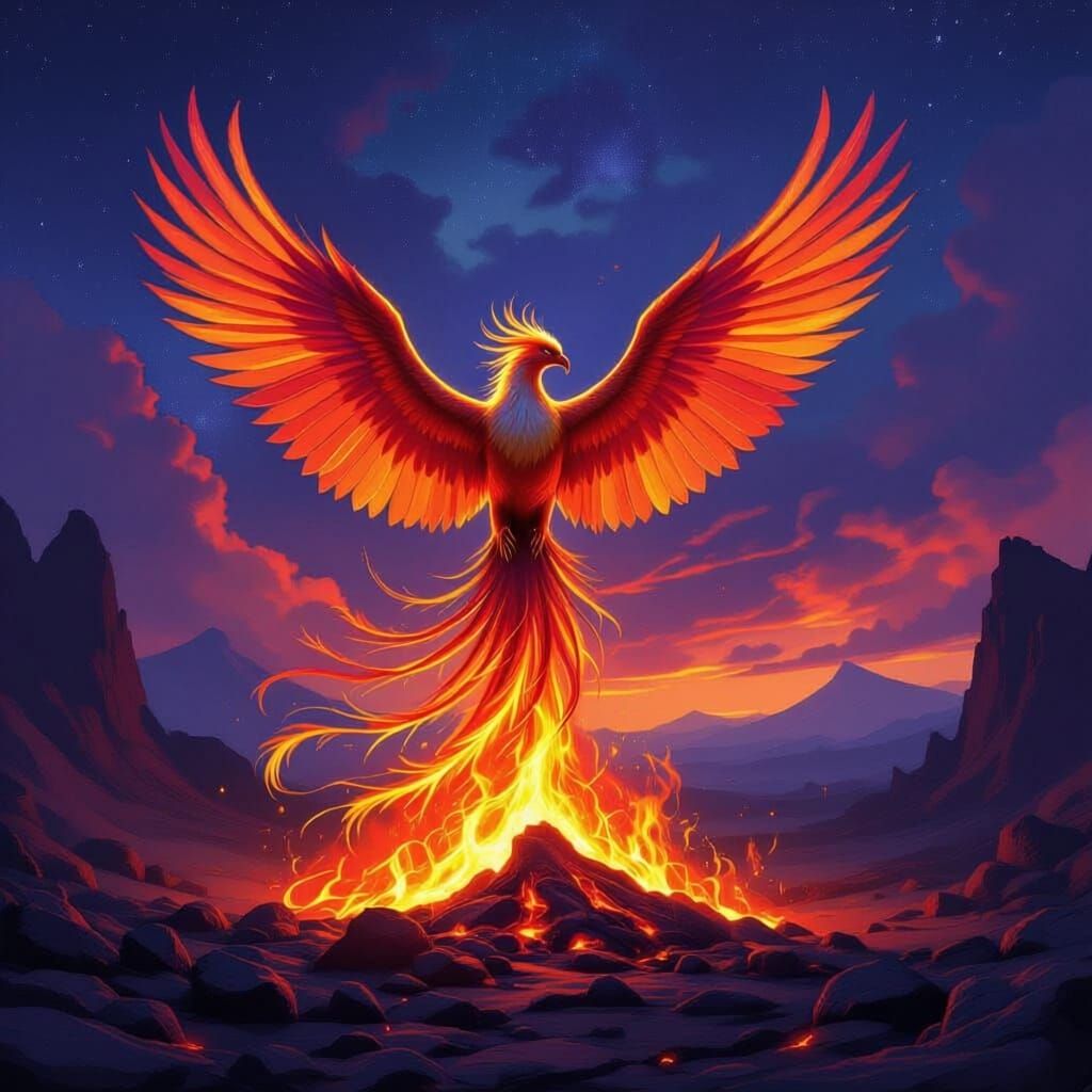 Majestic Phoenix Reborn in Volcanic Landscape