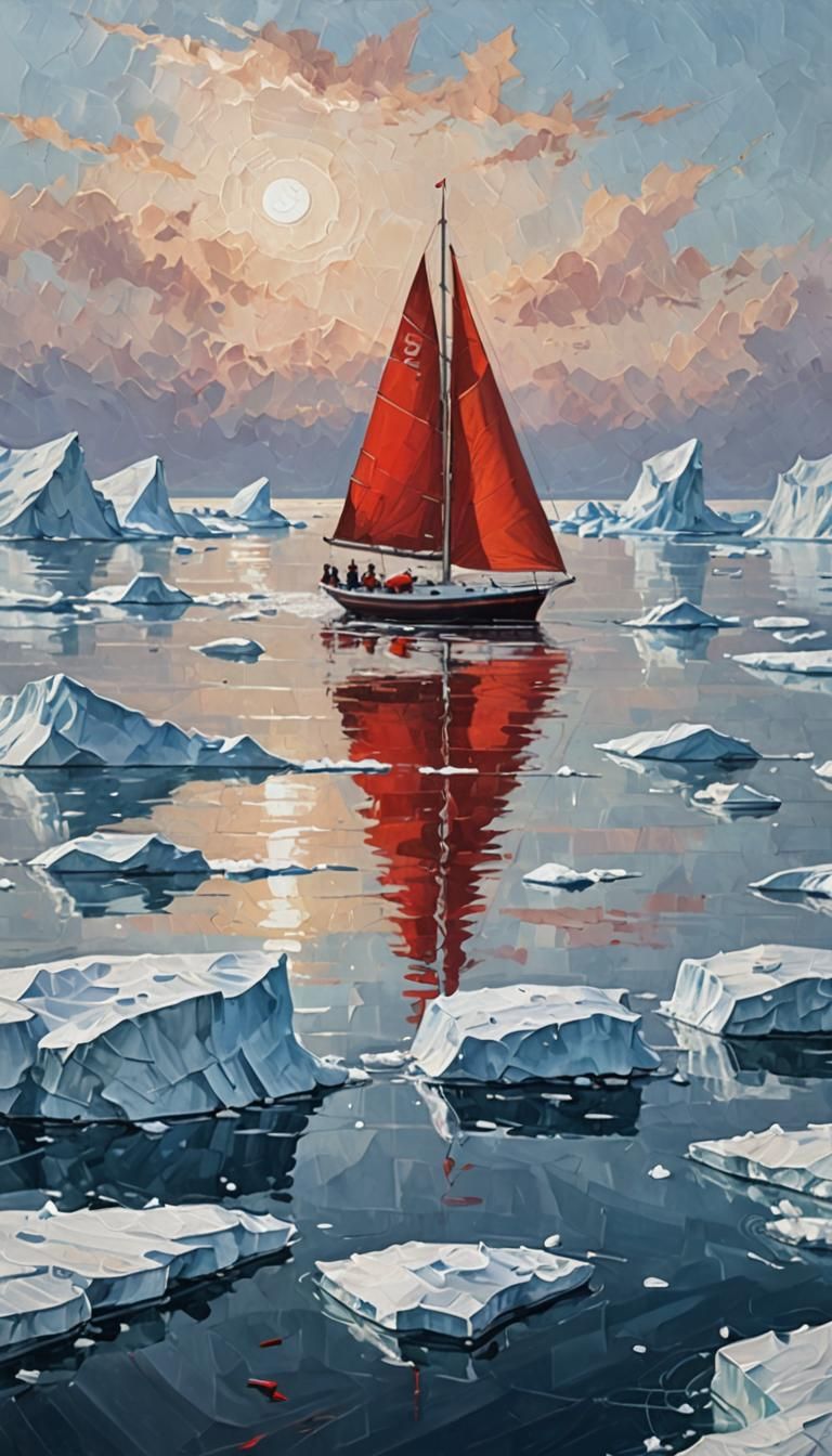 Sailboat on Icy Water in Tachisme Style