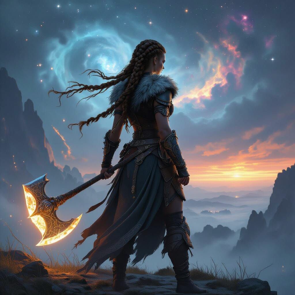 Viking Warrior Woman Overlooking Cosmic Landscape