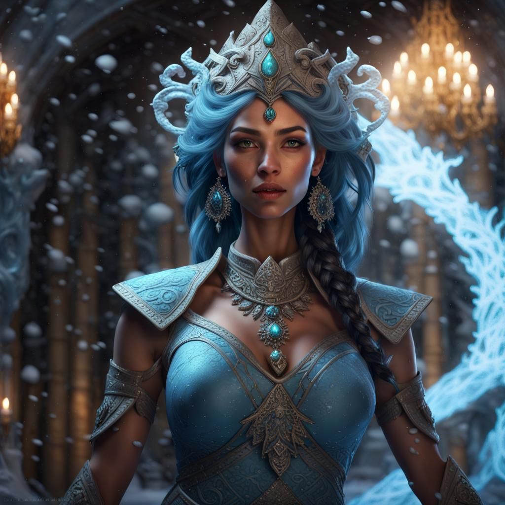 Ice Djinn Girl in Snowy Palace, Fantasy Art