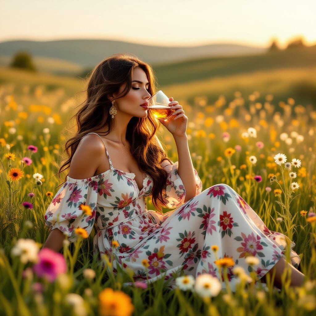 Woman in Meadow Drinking Whiskey, Hudson River School Style