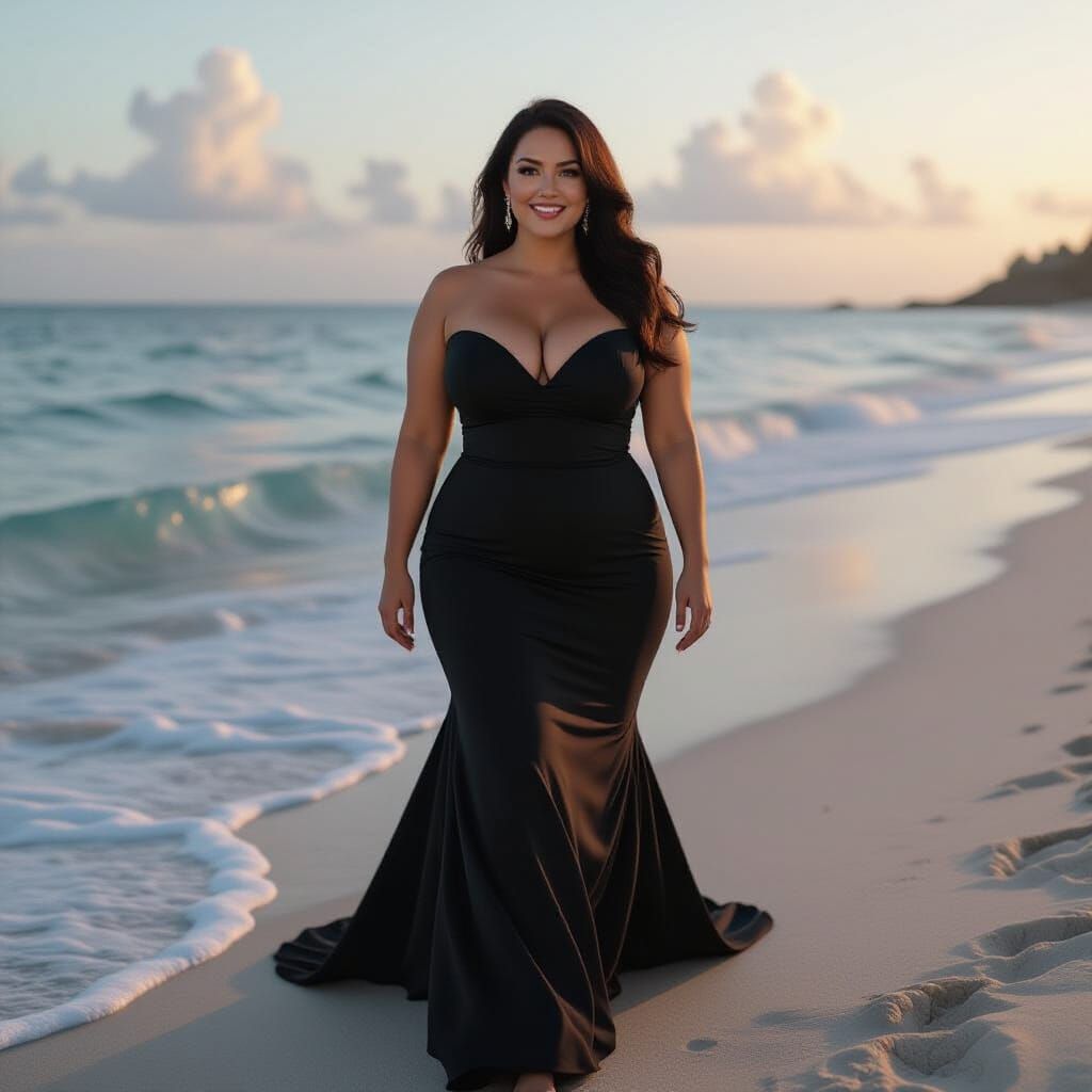 Woman in Gown on Ocean Shore