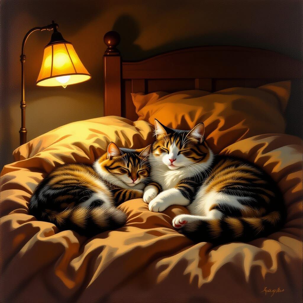 Cat and Mouse Sleeping Peacefully in Cozy Lamp Light