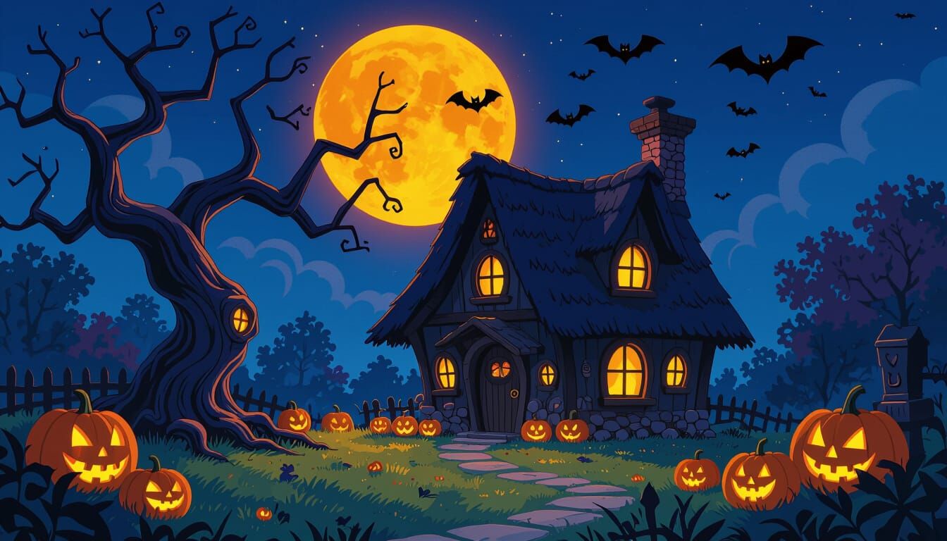 Witch's Hut in Spooky Halloween Garden with Glowing Pumpkins