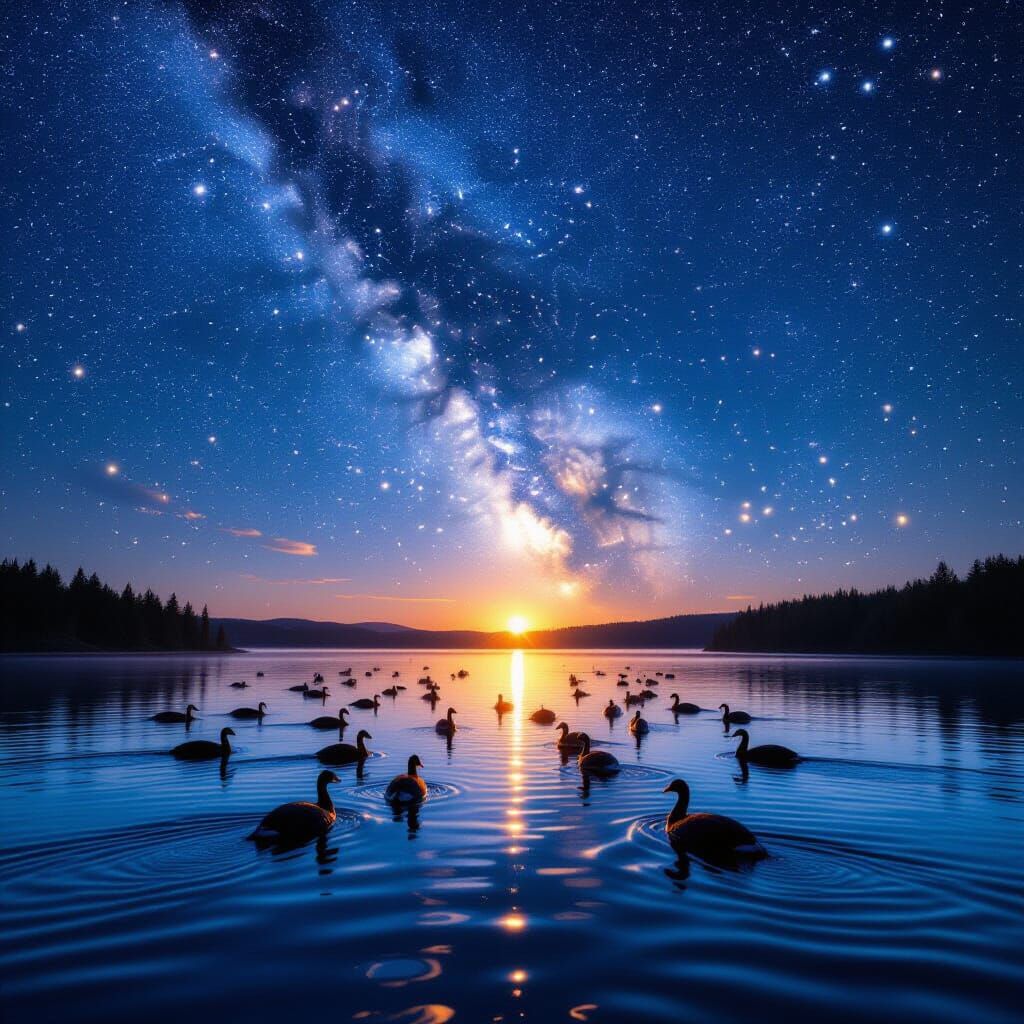 Swans Swimming in a Milky Way Lake